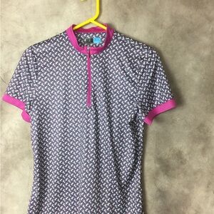 PGA Tour Geometric Short Sleeve Top with Pink Trim Large Golf Summer